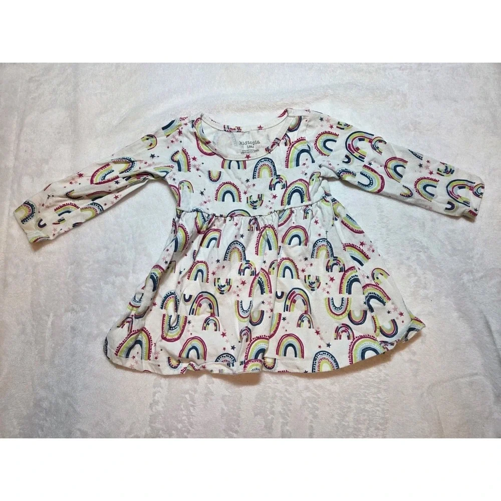 306. Kidtopia Baby Girls Rainbow Print Long Sleeve Dress 18M Multicolor